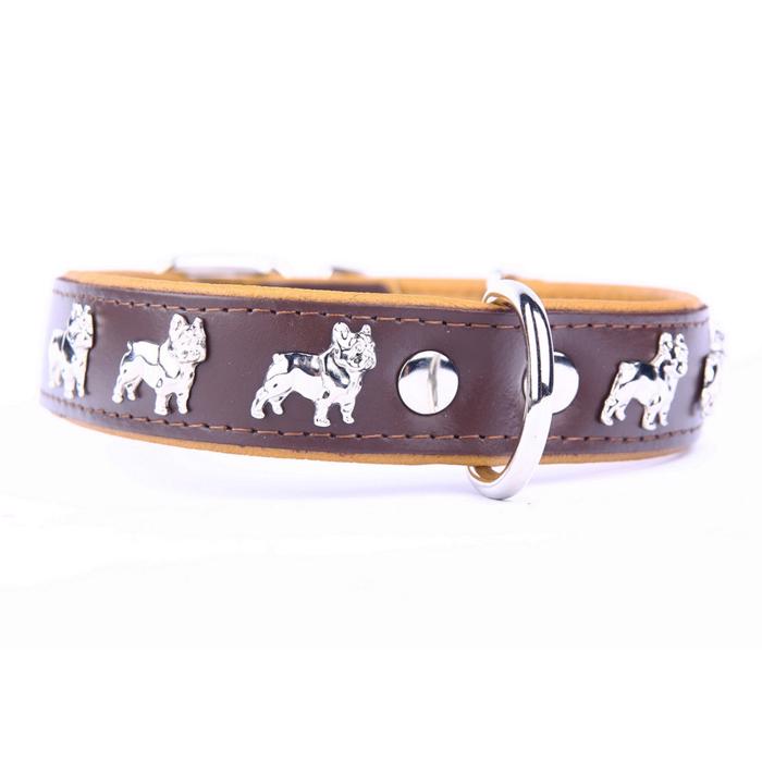 Læderhalsbånd til Fransk Bulldog Model Brun Sand