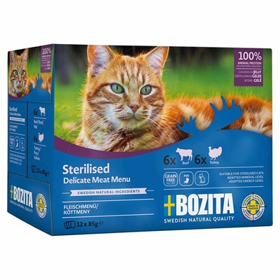 Bozita Feline Sterilised Bidder i Gelé MIXBOX Okse & Kalkun 12x85g