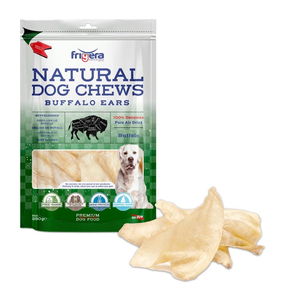 Frigera Natural Dog Chews Buffalo Ears Naturligt Tørret Bøffelører 250g