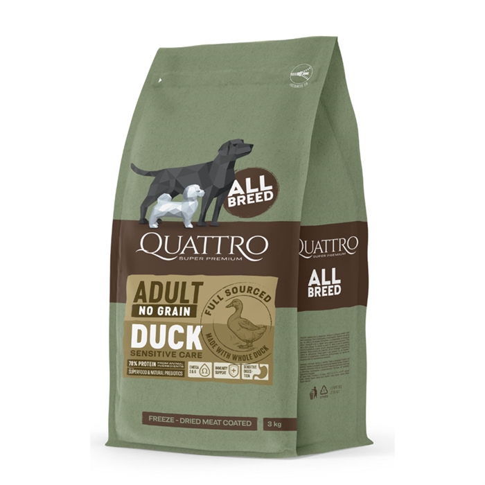 Quattro Kornfrit Hundefoder Til Alle Racer Duck SMAGSPRØVE 150g - DATOVARER