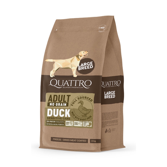 Quattro Kornfrit Hundefoder Til Store Voksne Racer Duck 12kg