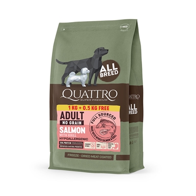 Quattro Super Premium Hundefoder All breed Salmon & Krill 1 kg + ½ kg INTRORABAT