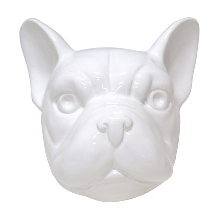 Happy House Keramik Fransk Bulldog Hoved Shiny White